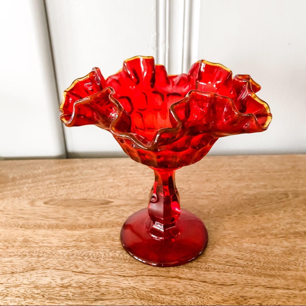 Vintage Red Glass Ruffled Bowl